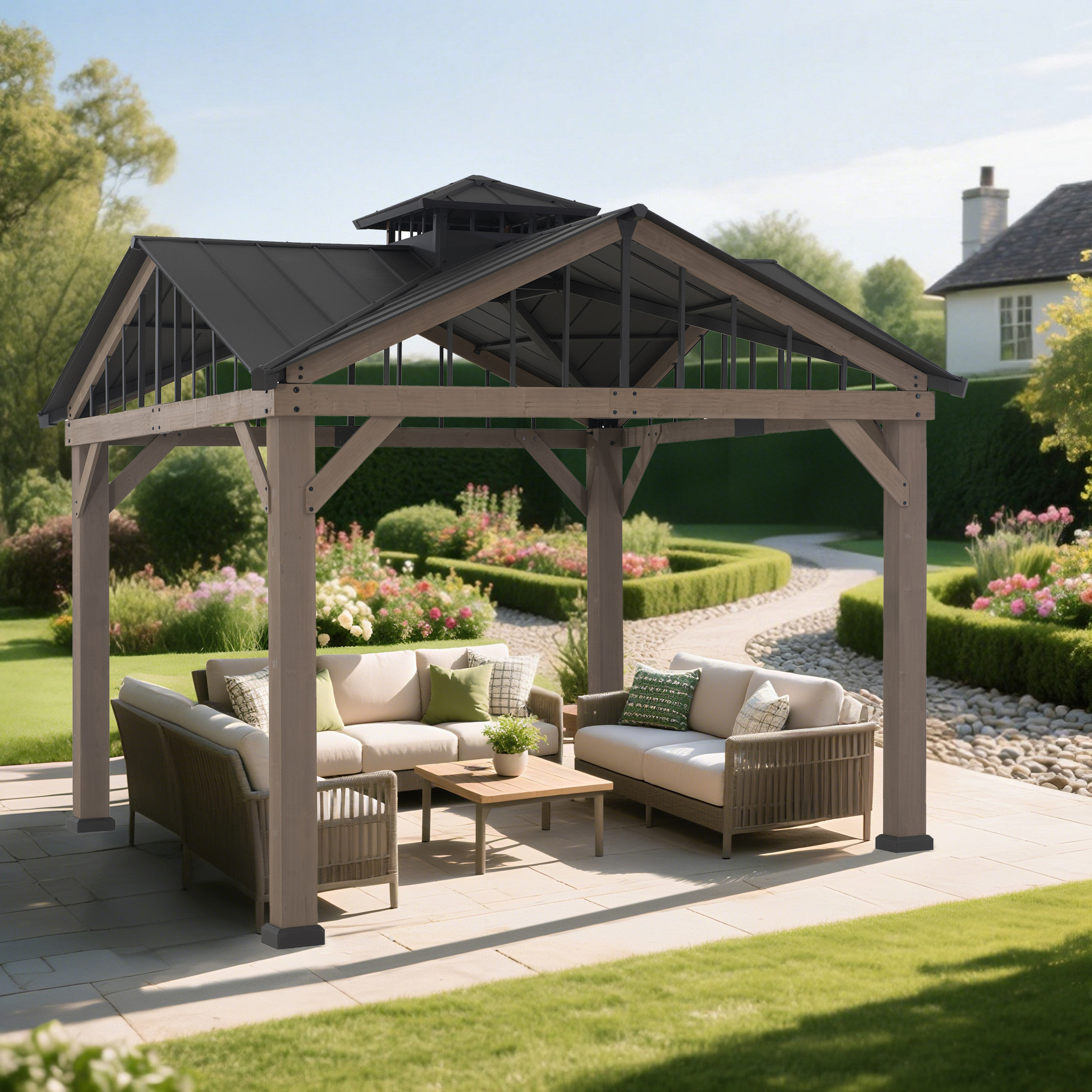SUNJOY Roanforth 12 x 12 ft. Hardtop Gazebo 2-Tier Wooden Cedar